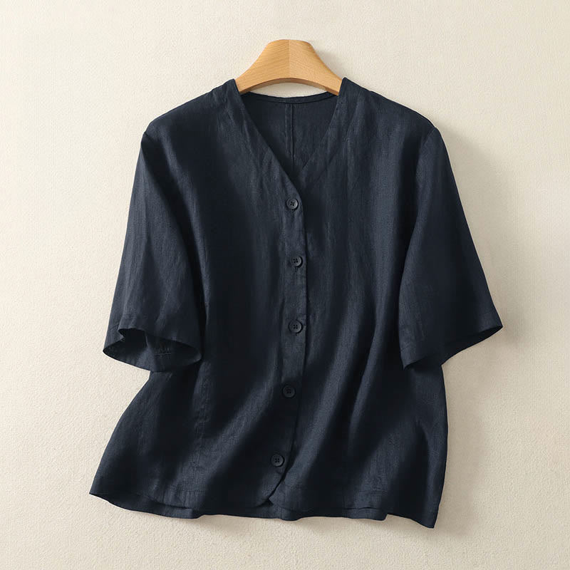 Buddha Stones Chemise d'été unie à manches courtes et col en V, boutons, design simple - Bleu nuit - US8-10，UK/AU12-14，EU40-42 (2XL) - image 14