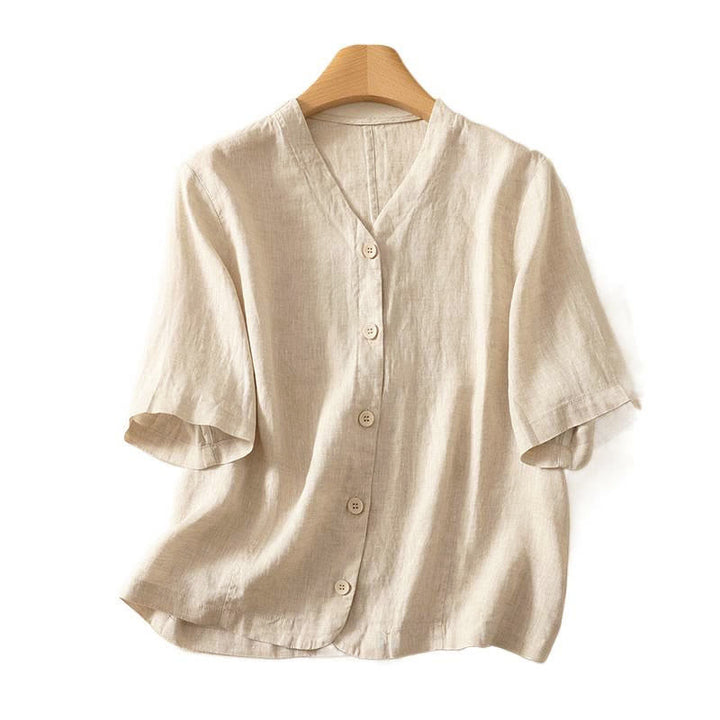 Buddha Stones Chemise d'été unie à manches courtes et col en V, boutons, design simple - image 13