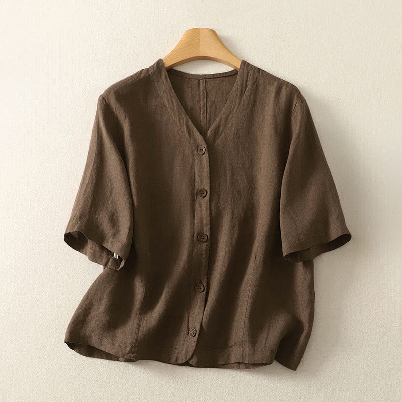 Buddha Stones Chemise d'été unie à manches courtes et col en V, boutons, design simple - SaddleBrown - US8-10，UK/AU12-14，EU40-42 (2XL) - image 18