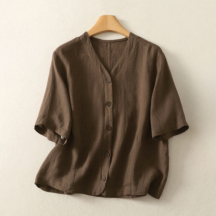 Buddha Stones Chemise d'été unie à manches courtes et col en V, boutons, design simple - SaddleBrown - US8-10，UK/AU12-14，EU40-42 (2XL) - image 18