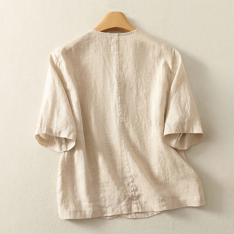 Buddha Stones Chemise d'été unie à manches courtes et col en V, boutons, design simple - image 5