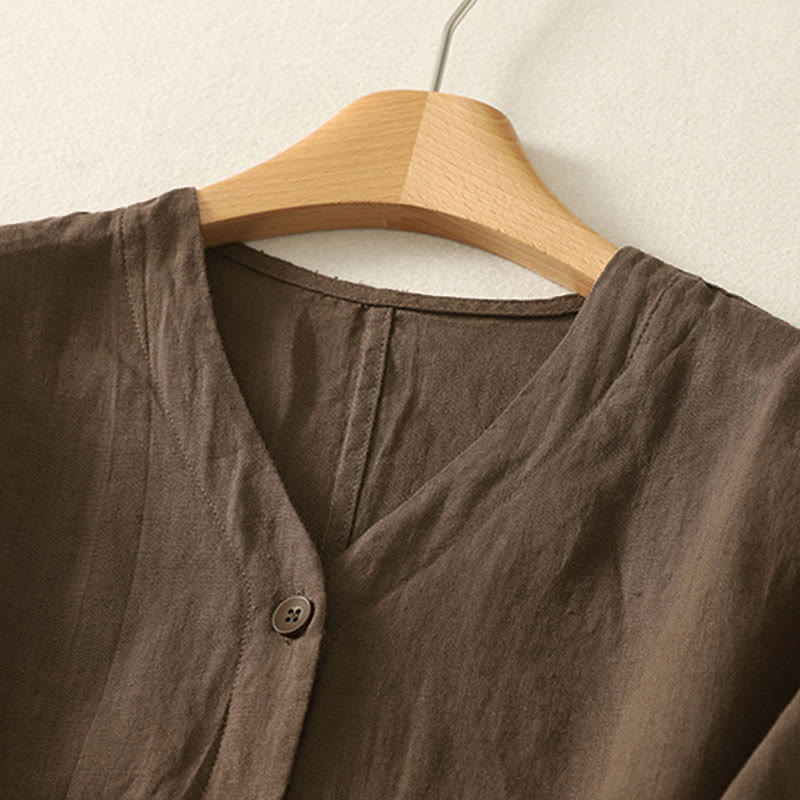 Buddha Stones Chemise d'été unie à manches courtes et col en V, boutons, design simple - image 19