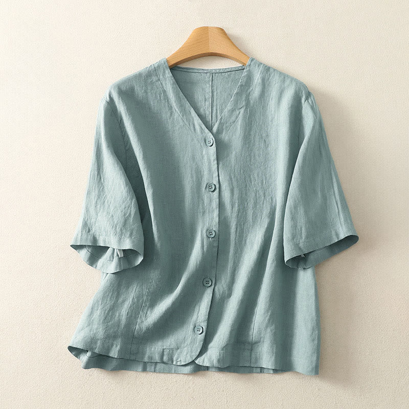 Buddha Stones Chemise d'été unie à manches courtes et col en V, boutons, design simple - Turquoise moyen - US8-10，UK/AU12-14，EU40-42 (2XL) - image 0