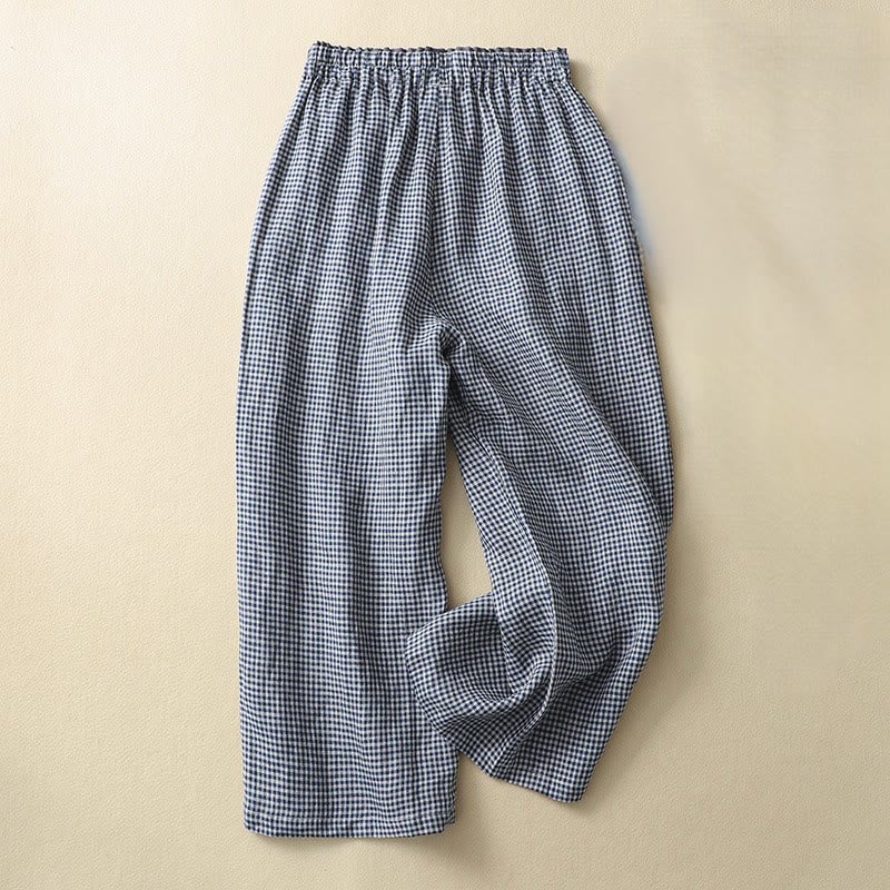 Pantalon décontracté à carreaux Buddha Stones pour femme, coupe ample, en coton et lin, avec poches, longueur 7-8 - Marine - US8-10，UK/AU12-14，EU40-42 (2XL) - image 0