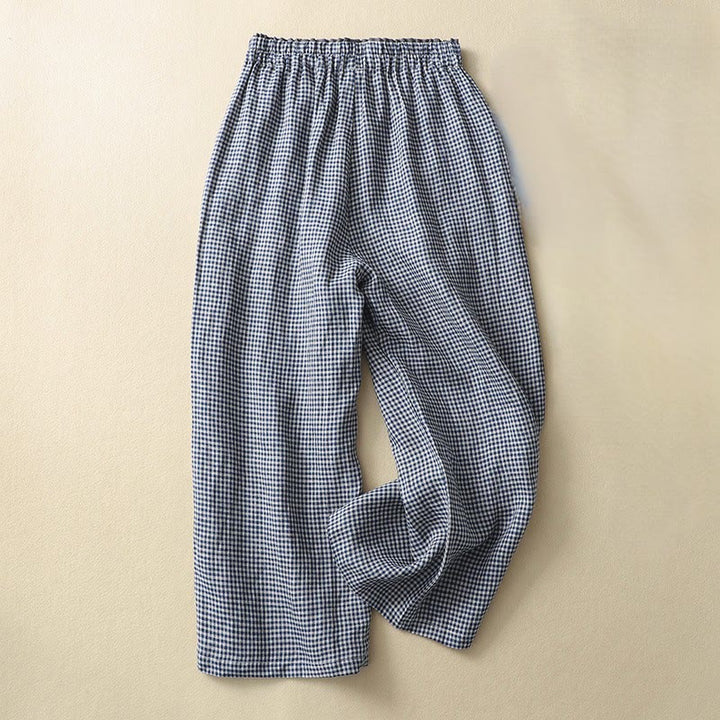 Pantalon décontracté à carreaux Buddha Stones pour femme, coupe ample, en coton et lin, avec poches, longueur 7-8 - Marine - US8-10，UK/AU12-14，EU40-42 (2XL) - image 0