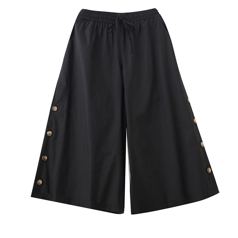 Buddha Stones Pantalon Capri court à jambes larges pour femme, avec boutons sur le côté et poches - image 9