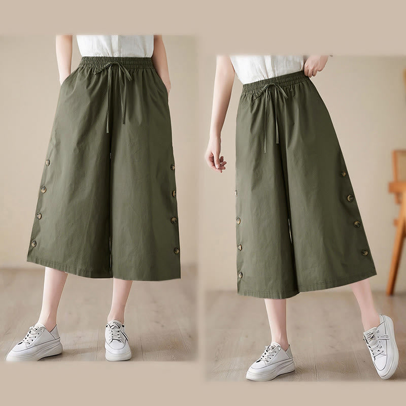 Buddha Stones Pantalon Capri court à jambes larges pour femme, avec boutons sur le côté et poches - image 13