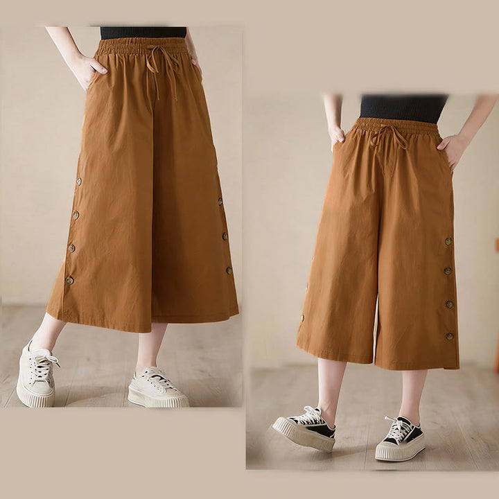 Buddha Stones Pantalon Capri court à jambes larges pour femme, avec boutons sur le côté et poches - image 4