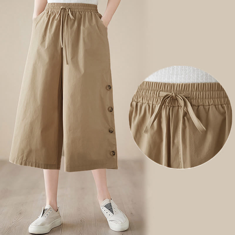Buddha Stones Pantalon Capri court à jambes larges pour femme, avec boutons sur le côté et poches - image 18