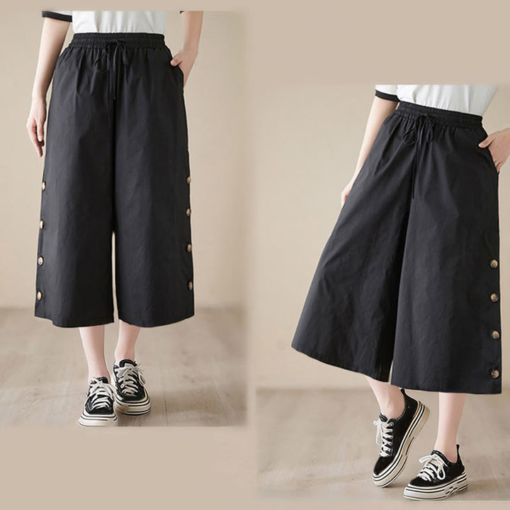 Buddha Stones Pantalon Capri court à jambes larges pour femme, avec boutons sur le côté et poches - image 8