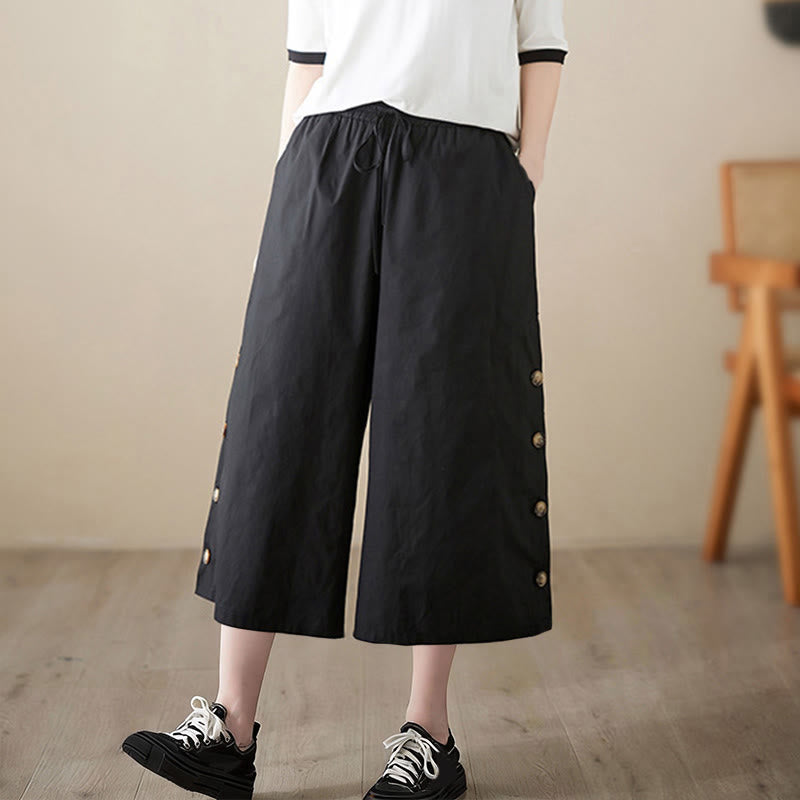 Buddha Stones Pantalon Capri court à jambes larges pour femme, avec boutons sur le côté et poches - image 7