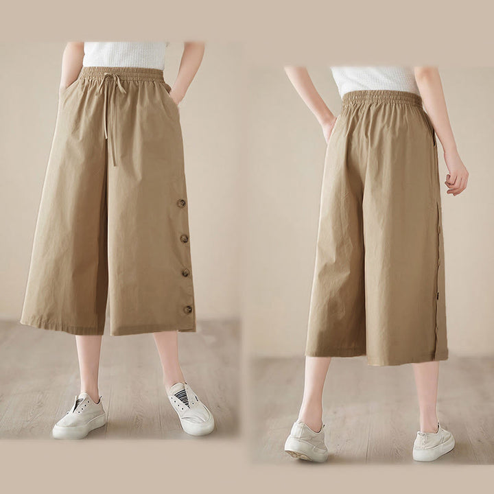 Buddha Stones Pantalon Capri court à jambes larges pour femme, avec boutons sur le côté et poches - image 21