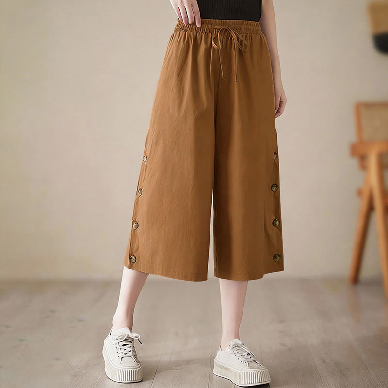Buddha Stones Pantalon Capri court à jambes larges pour femme, avec boutons sur le côté et poches - image 2