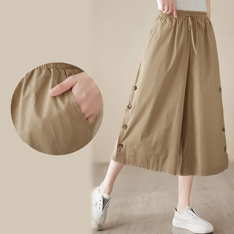 Buddha Stones Pantalon Capri court à jambes larges pour femme, avec boutons sur le côté et poches - image 19
