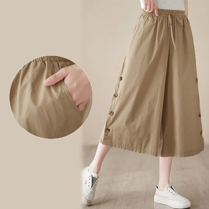 Buddha Stones Pantalon Capri court à jambes larges pour femme, avec boutons sur le côté et poches - image 19
