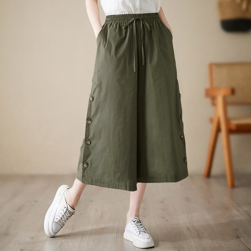 Buddha Stones Pantalon Capri court à jambes larges pour femme, avec boutons sur le côté et poches - Vert olive foncé - US8-10，UK/AU12-14，EU40-42 (2XL) - image 10