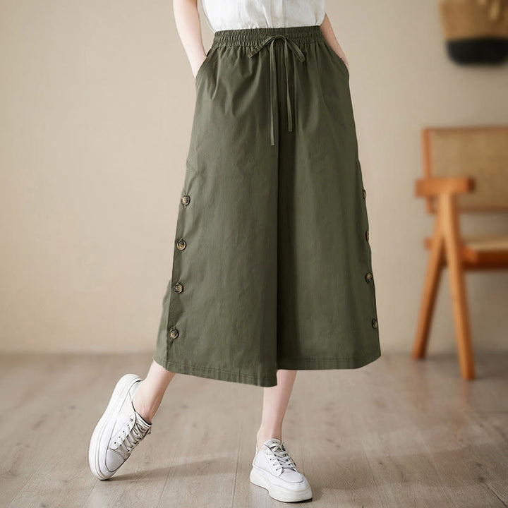 Buddha Stones Pantalon Capri court à jambes larges pour femme, avec boutons sur le côté et poches - Vert olive foncé - US8-10，UK/AU12-14，EU40-42 (2XL) - image 10