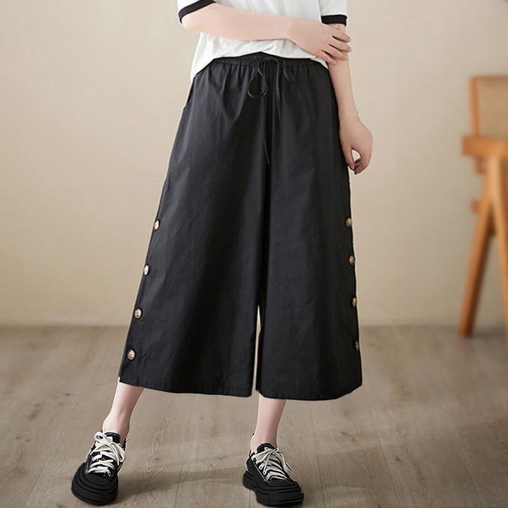 Buddha Stones Pantalon Capri court à jambes larges pour femme, avec boutons sur le côté et poches - image 6