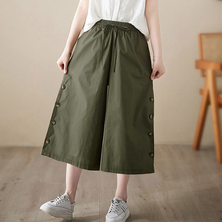 Buddha Stones Pantalon Capri court à jambes larges pour femme, avec boutons sur le côté et poches - image 12