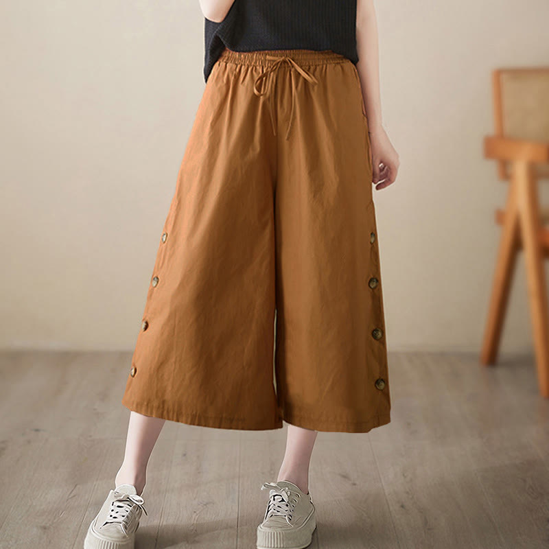 Buddha Stones Pantalon Capri court à jambes larges pour femme, avec boutons sur le côté et poches - image 3