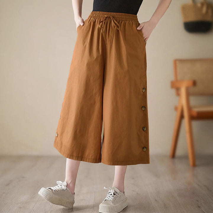 Buddha Stones Pantalon Capri court à jambes larges pour femme, avec boutons sur le côté et poches - Chocolat - US8-10，UK/AU12-14，EU40-42 (2XL) - image 1