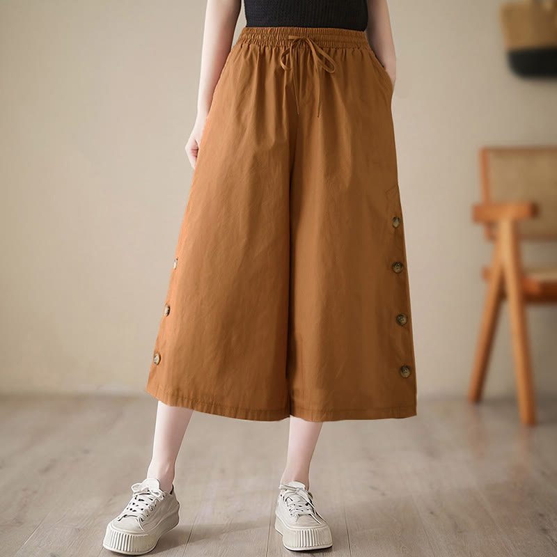 Buddha Stones Pantalon Capri court à jambes larges pour femme, avec boutons sur le côté et poches - image 0