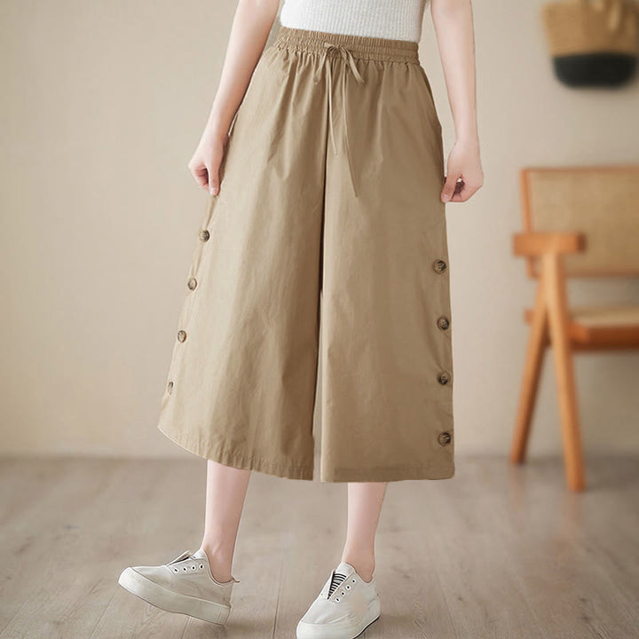 Buddha Stones Pantalon Capri court à jambes larges pour femme, avec boutons sur le côté et poches - image 15