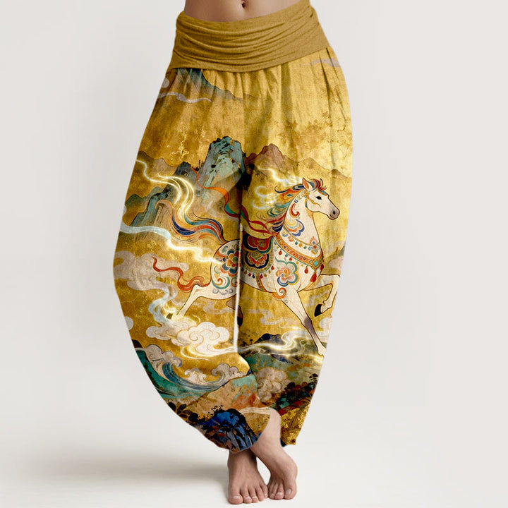 Buddha Stones Pantalon harem à taille élastique pour femme, en coton, motif magnifique cheval de montagne et nuages - verge d'or - US16，UK/AU20，EU48 (3XL) - image 0