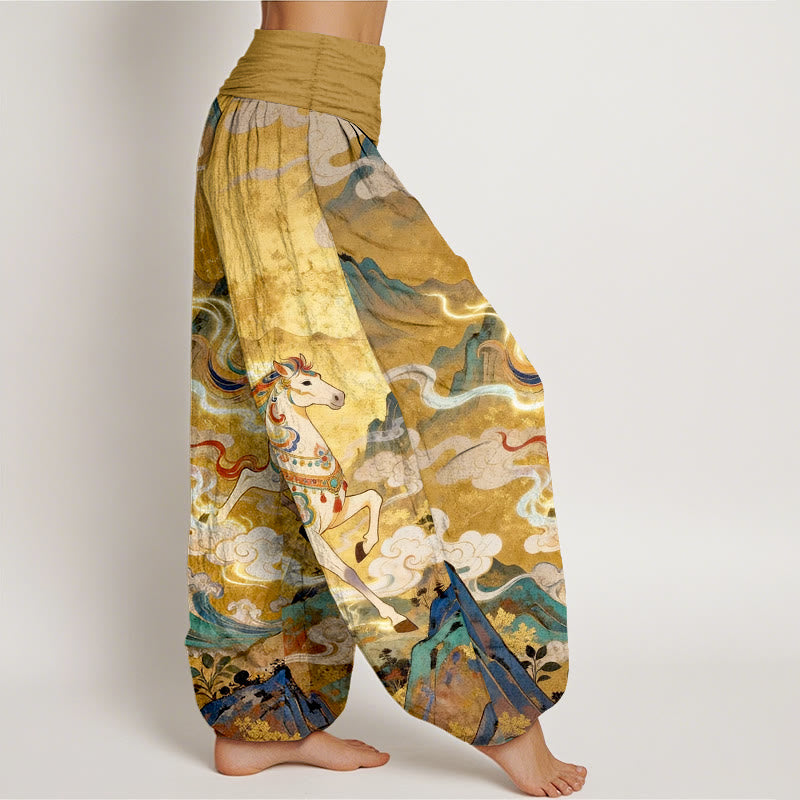 Buddha Stones Pantalon harem à taille élastique pour femme, en coton, motif magnifique cheval de montagne et nuages - image 2
