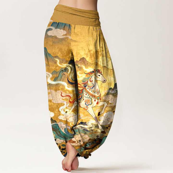 Buddha Stones Pantalon harem à taille élastique pour femme, en coton, motif magnifique cheval de montagne et nuages - image 1