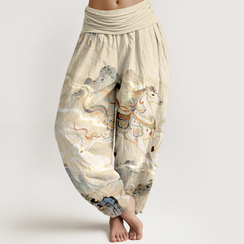 Buddha Stones Pantalon harem à taille élastique pour femme, en coton, motif magnifique cheval de montagne et nuages - Jaune doré clair - US16，UK/AU20，EU48 (3XL) - image 5