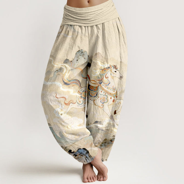 Buddha Stones Pantalon harem à taille élastique pour femme, en coton, motif magnifique cheval de montagne et nuages - Jaune doré clair - US16，UK/AU20，EU48 (3XL) - image 5