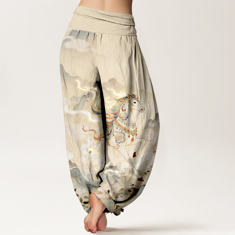 Buddha Stones Pantalon harem à taille élastique pour femme, en coton, motif magnifique cheval de montagne et nuages - image 6