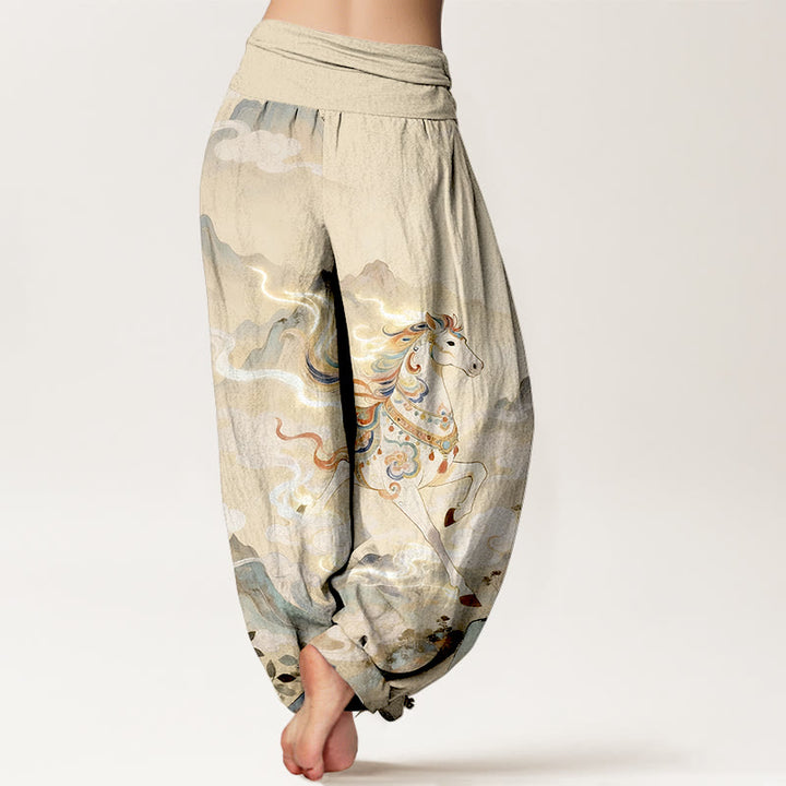 Buddha Stones Pantalon harem à taille élastique pour femme, en coton, motif magnifique cheval de montagne et nuages - image 6