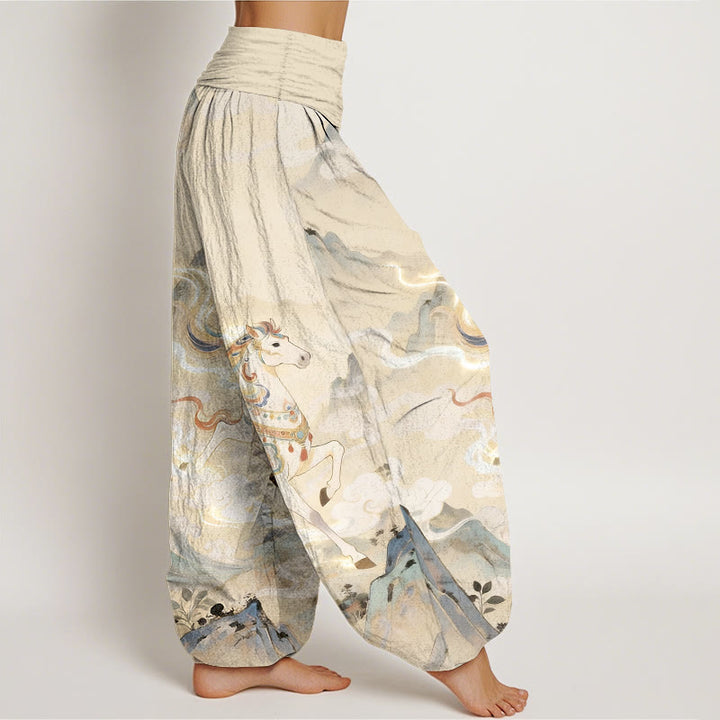 Buddha Stones Pantalon harem à taille élastique pour femme, en coton, motif magnifique cheval de montagne et nuages - image 7