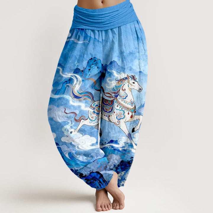 Buddha Stones Pantalon harem à taille élastique pour femme, en coton, motif magnifique cheval de montagne et nuages - DodgerBlue - US16，UK/AU20，EU48 (3XL) - image 8