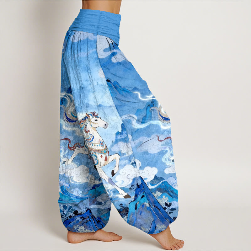 Buddha Stones Pantalon harem à taille élastique pour femme, en coton, motif magnifique cheval de montagne et nuages - image 10
