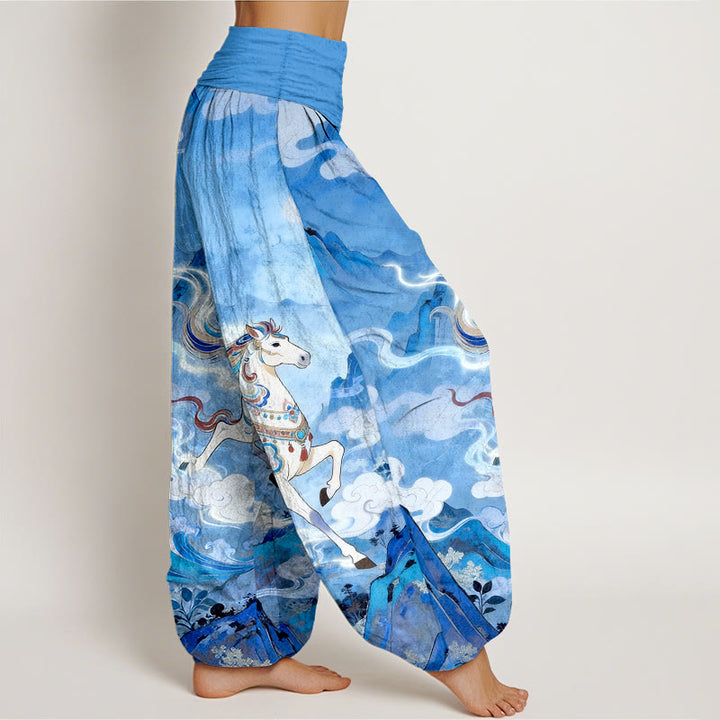 Buddha Stones Pantalon harem à taille élastique pour femme, en coton, motif magnifique cheval de montagne et nuages - image 10