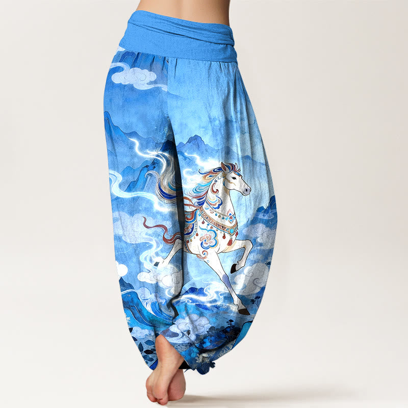 Buddha Stones Pantalon harem à taille élastique pour femme, en coton, motif magnifique cheval de montagne et nuages - image 9