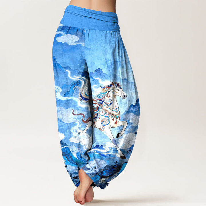 Buddha Stones Pantalon harem à taille élastique pour femme, en coton, motif magnifique cheval de montagne et nuages - image 9