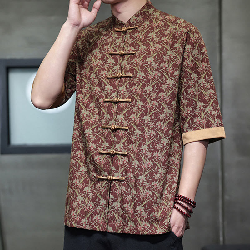 Buddha Stones Chemise homme en coton à manches courtes, motif floral estival coloré et boutons brandebourg - image 1