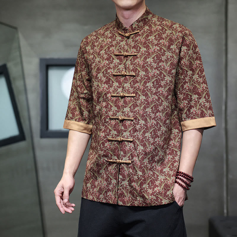 Buddha Stones Chemise homme en coton à manches courtes, motif floral estival coloré et boutons brandebourg - Rouge foncé - US/UK/AU46，EU56 (5XL) - image 0