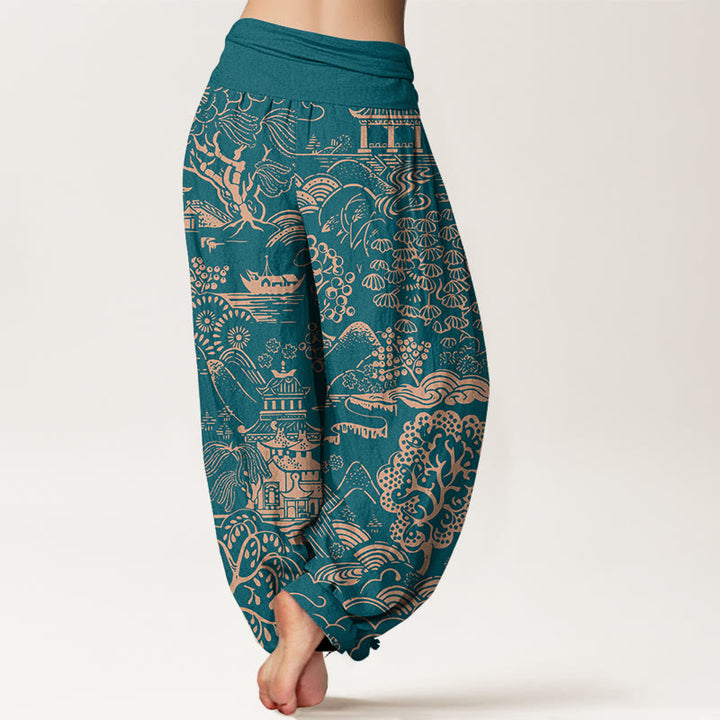 Buddha Stones Pantalon harem pour femme en coton à motif d'arbres et de nuages, taille élastique. - image 1