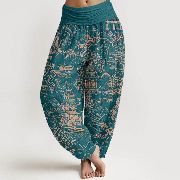 Buddha Stones Pantalon harem pour femme en coton à motif d'arbres et de nuages, taille élastique. - Sarcelle - US16，UK/AU20，EU48 (3XL) - image 0