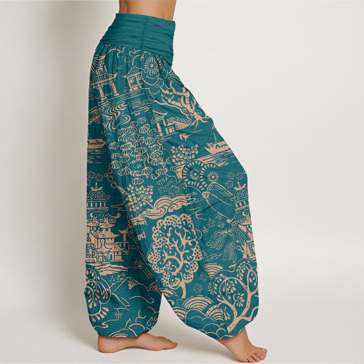 Buddha Stones Pantalon harem pour femme en coton à motif d'arbres et de nuages, taille élastique. - image 2