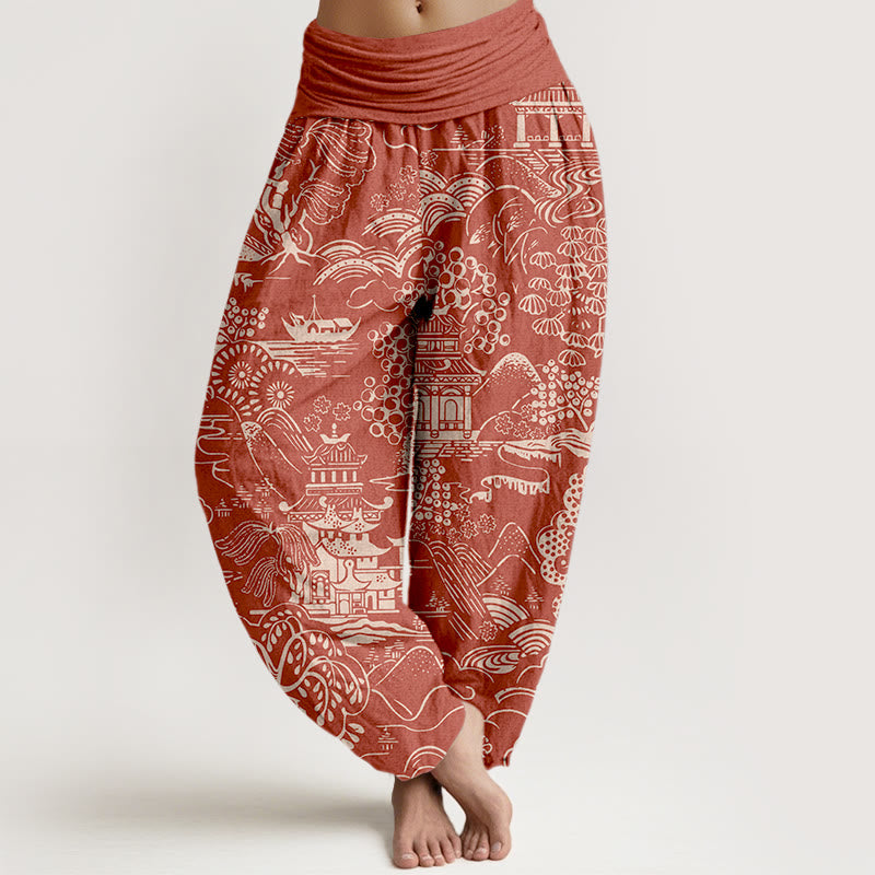 Buddha Stones Pantalon harem pour femme en coton à motif d'arbres et de nuages, taille élastique. - Tomate - US16，UK/AU20，EU48 (3XL) - image 5