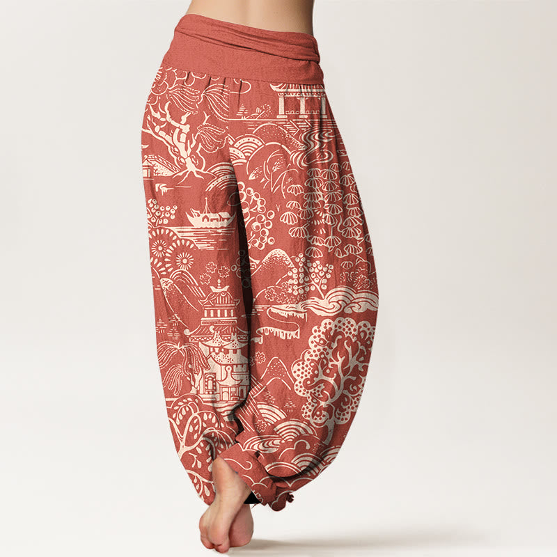 Buddha Stones Pantalon harem pour femme en coton à motif d'arbres et de nuages, taille élastique. - image 6