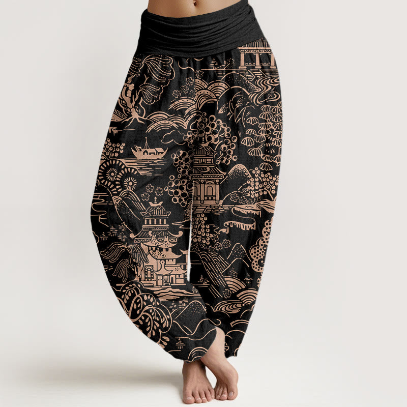 Buddha Stones Pantalon harem pour femme en coton à motif d'arbres et de nuages, taille élastique. - Noir - US16，UK/AU20，EU48 (3XL) - image 8