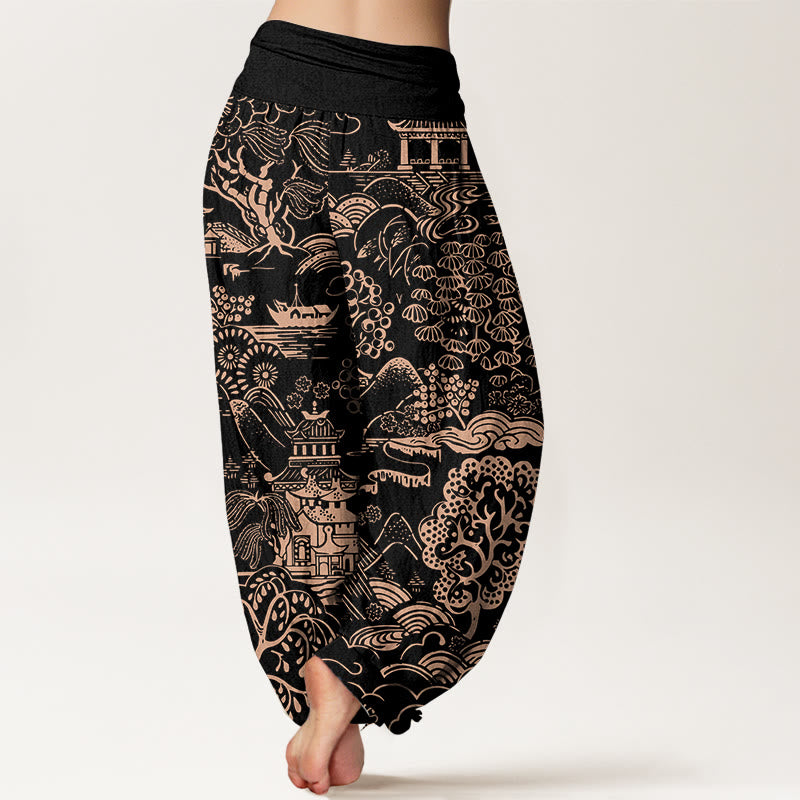 Buddha Stones Pantalon harem pour femme en coton à motif d'arbres et de nuages, taille élastique. - image 9