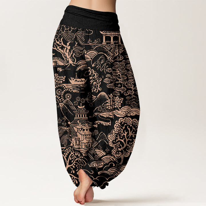 Buddha Stones Pantalon harem pour femme en coton à motif d'arbres et de nuages, taille élastique. - image 9